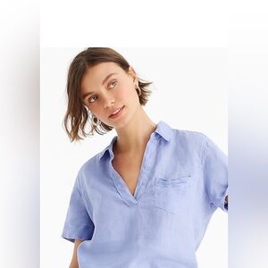 J. Crew 100% Linen Popover Short Sleeve Top Light Blue Pocket V neck Size Medium